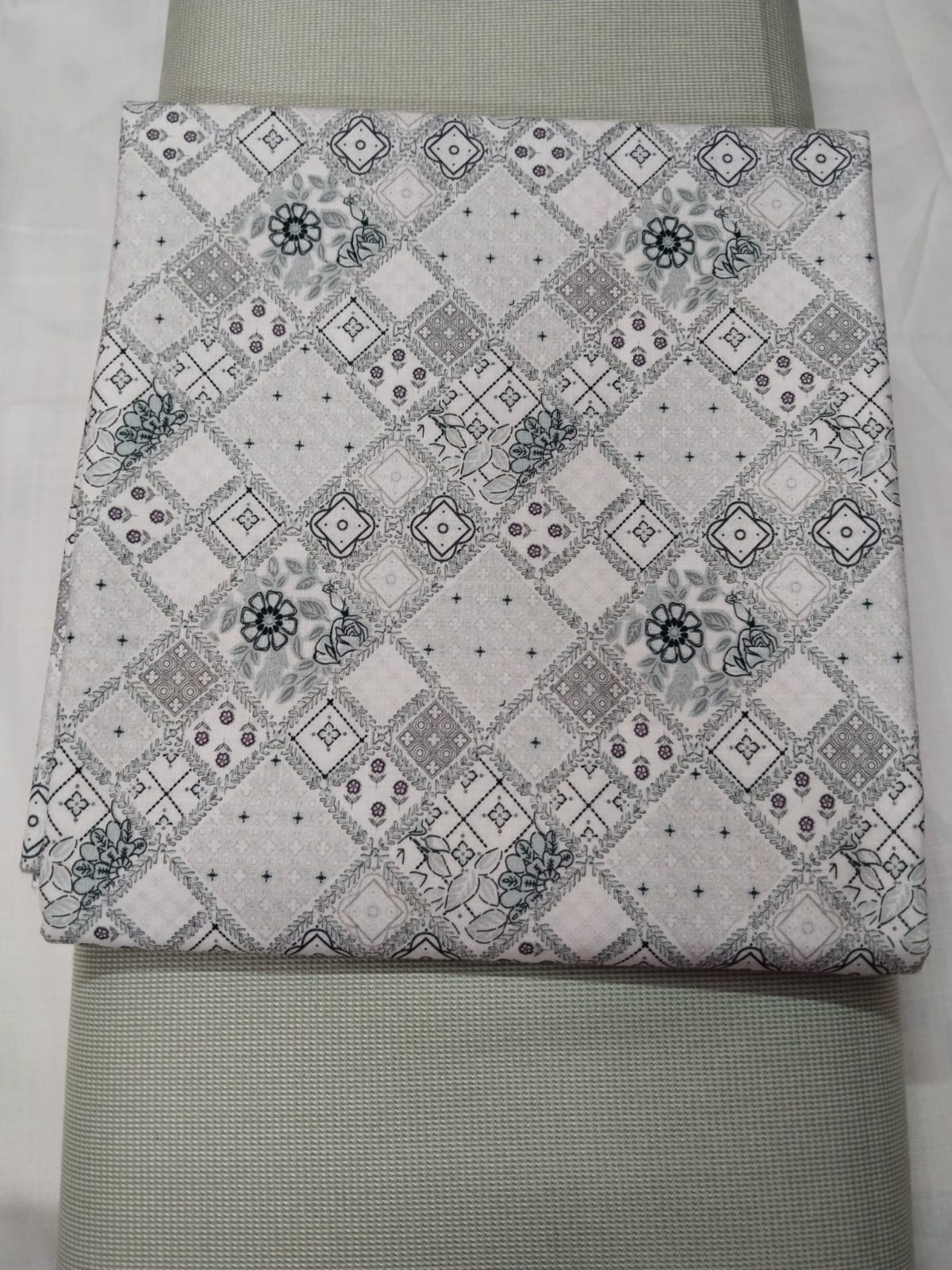 Elegant Patchwork Printed Shirt Fabric With Pista Green Pant Fabric Combo 