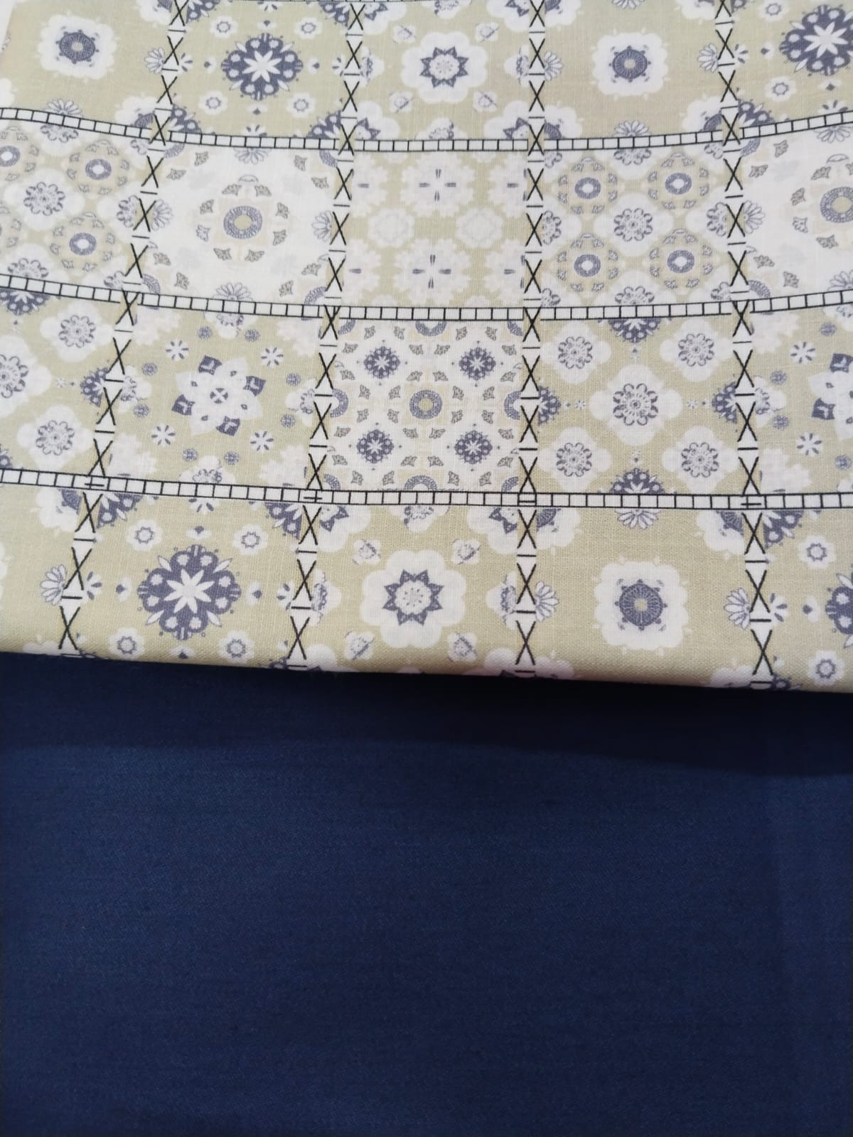 Beige Floral Printed Shirt Fabric With Navy Blue Pant Fabric Combo 