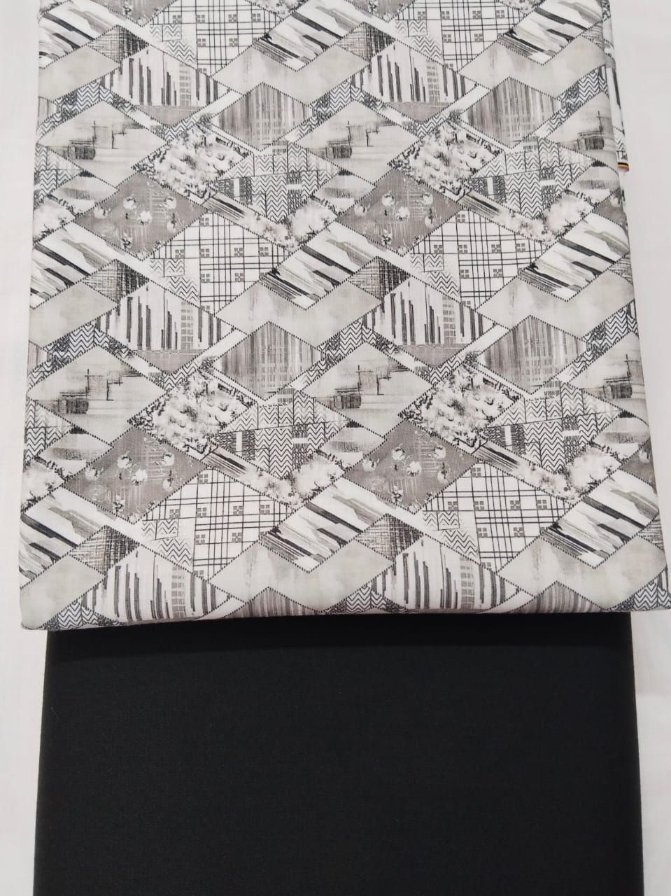 Modern Diamond Pattern Printed Shirt Fabric With Black Pant Fabric Combo 