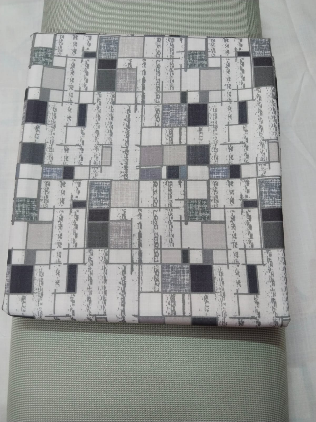 Modern Abstract Grid Printed Shirt Fabric With Pista Green Pant Fabric Combo 