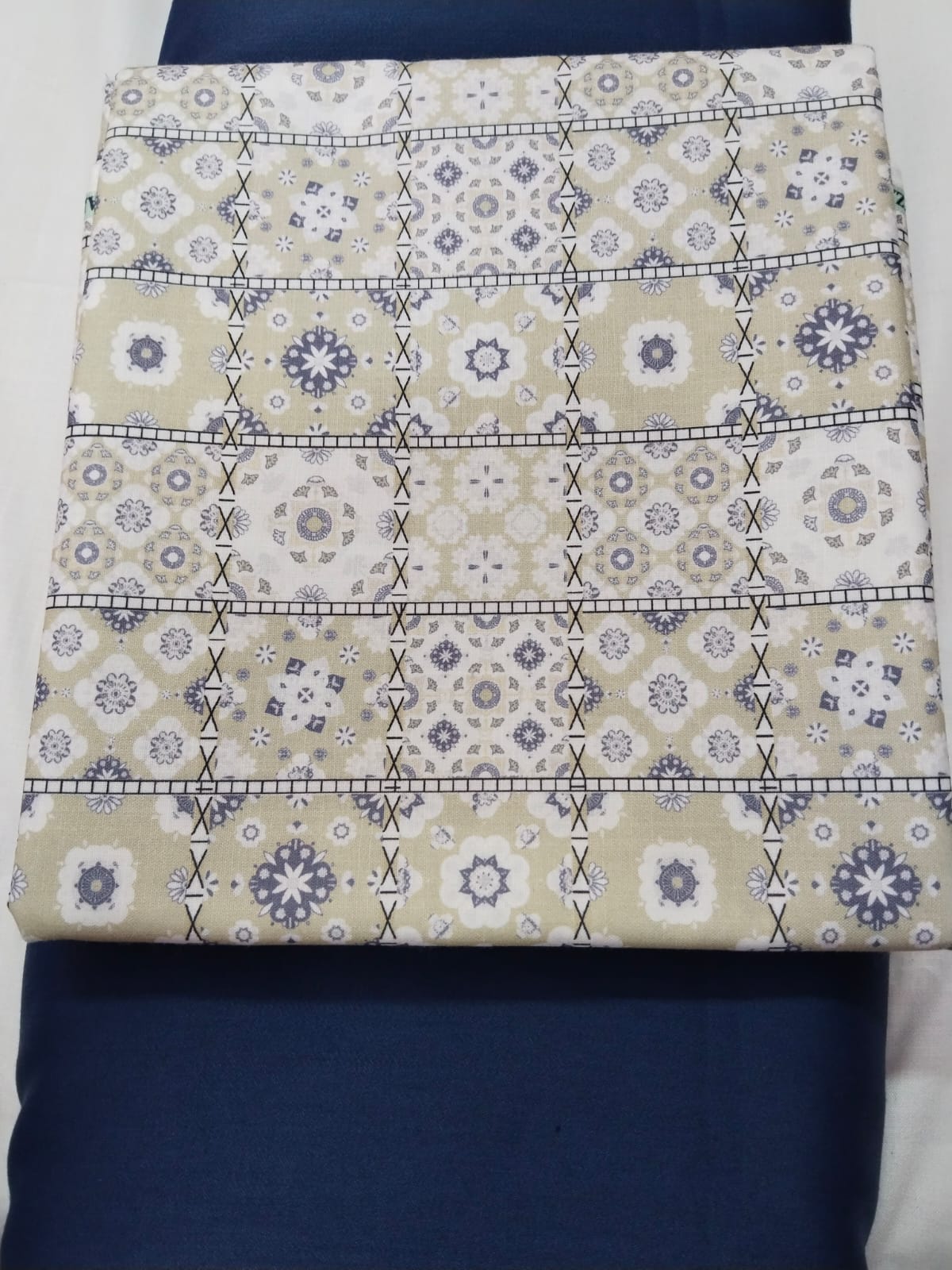 Beige Floral Printed Shirt Fabric With Navy Blue Pant Fabric Combo 