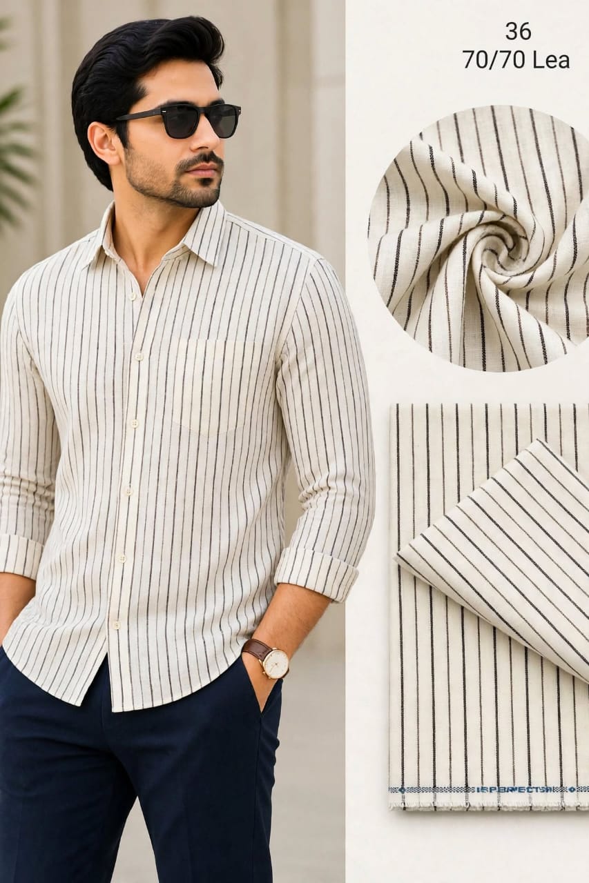 Off White Cream With Black Pin Stripe Linen  Shirt Fabric 70 By 70 LEA