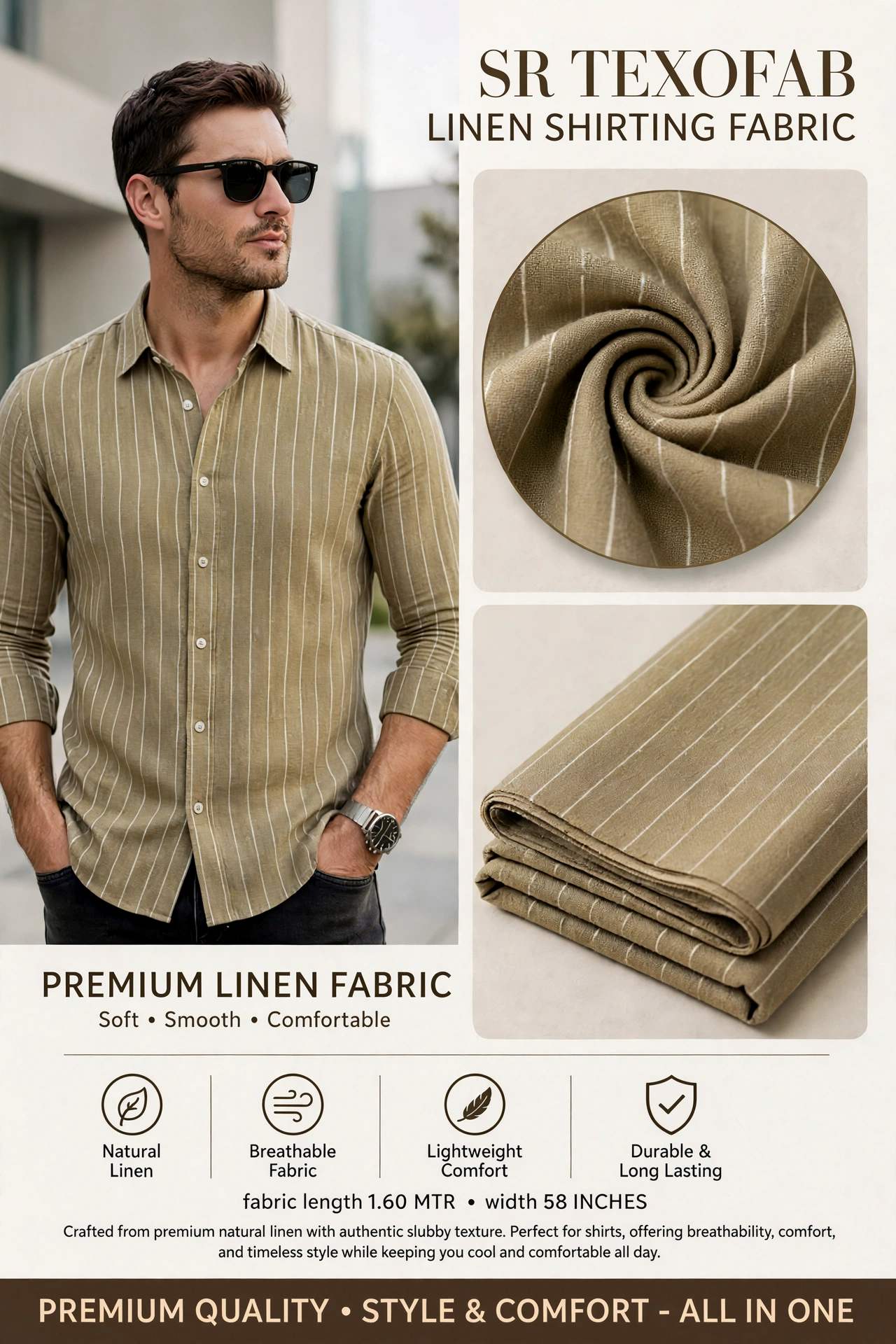 Premium Linen - Mustard Khaki Pinstripe Linen Shirting Fabric 