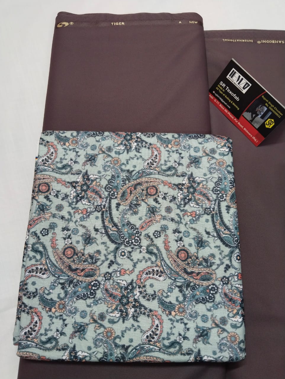 Premium Mint Paisley Printed Shirt Fabric With Coffee Brown Pant Fabric Combo