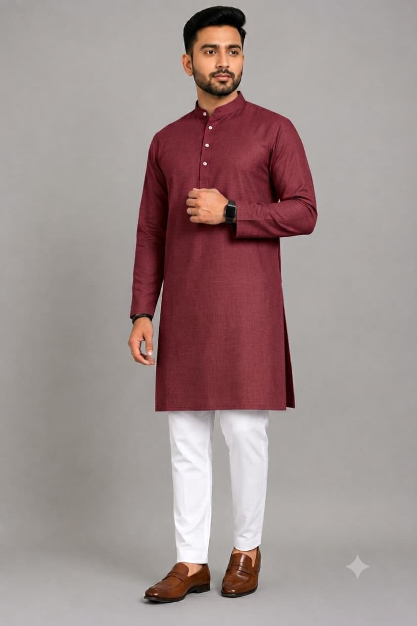 Maroon Kurta With White Pajama Fabric Set – Premium Cotton Blend