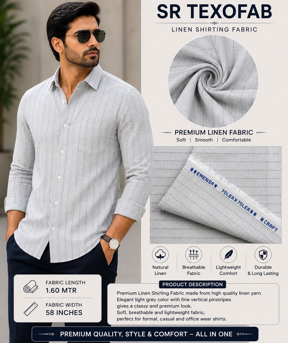Silver Mist Pinstripe Premium Linen Shirting Fabric 