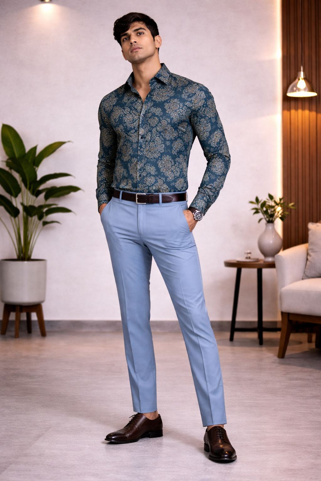 Teal Blue Paisley Classic Shirt Pant Fabric Set