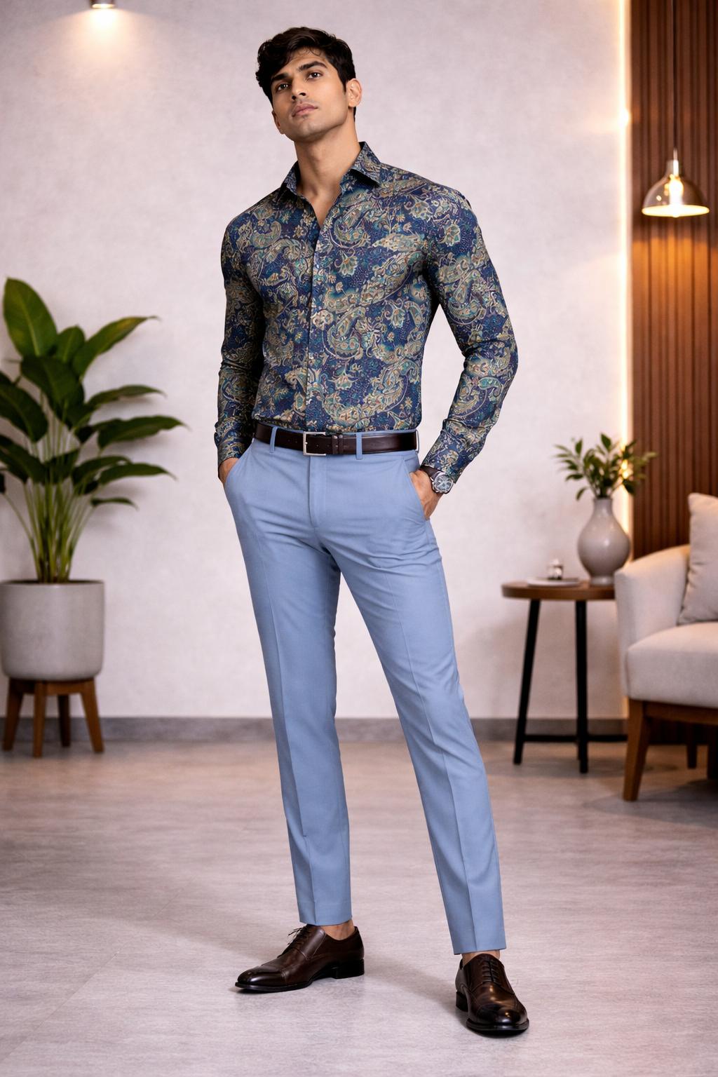 Royal Blue Paisley Premium Shirt Pant Fabric Set
