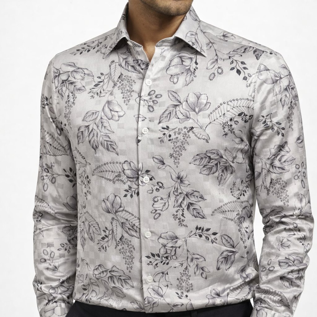 Premium Beige Floral Satin Shirt Fabric