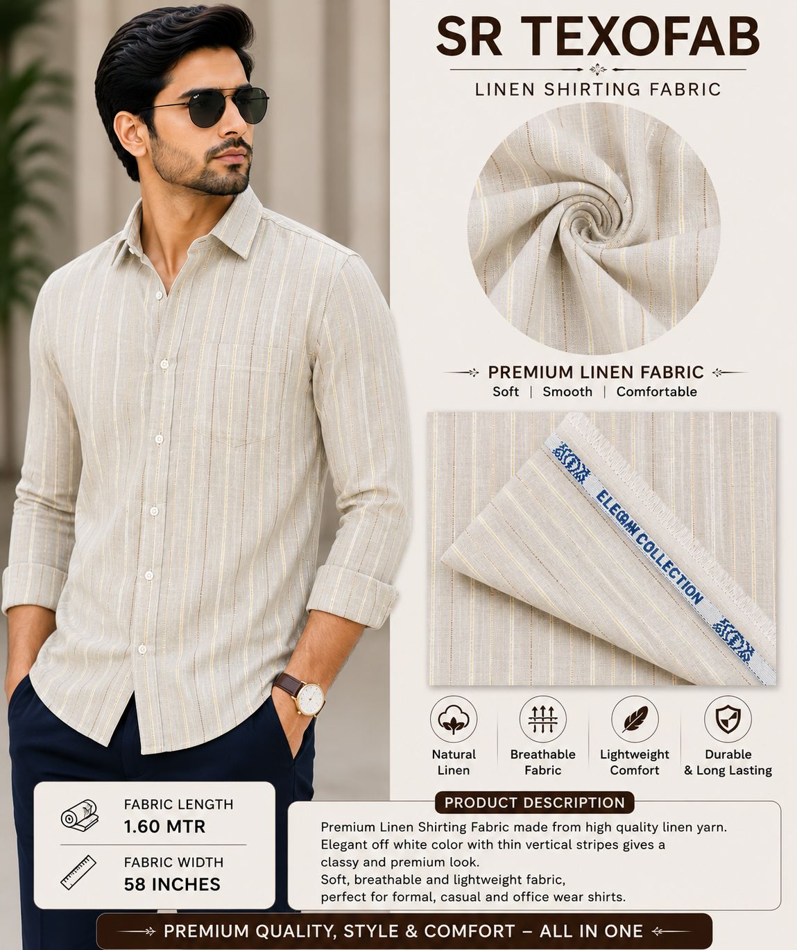 Ivory Gold Pinstripe Premium Linen Shirting Fabric 