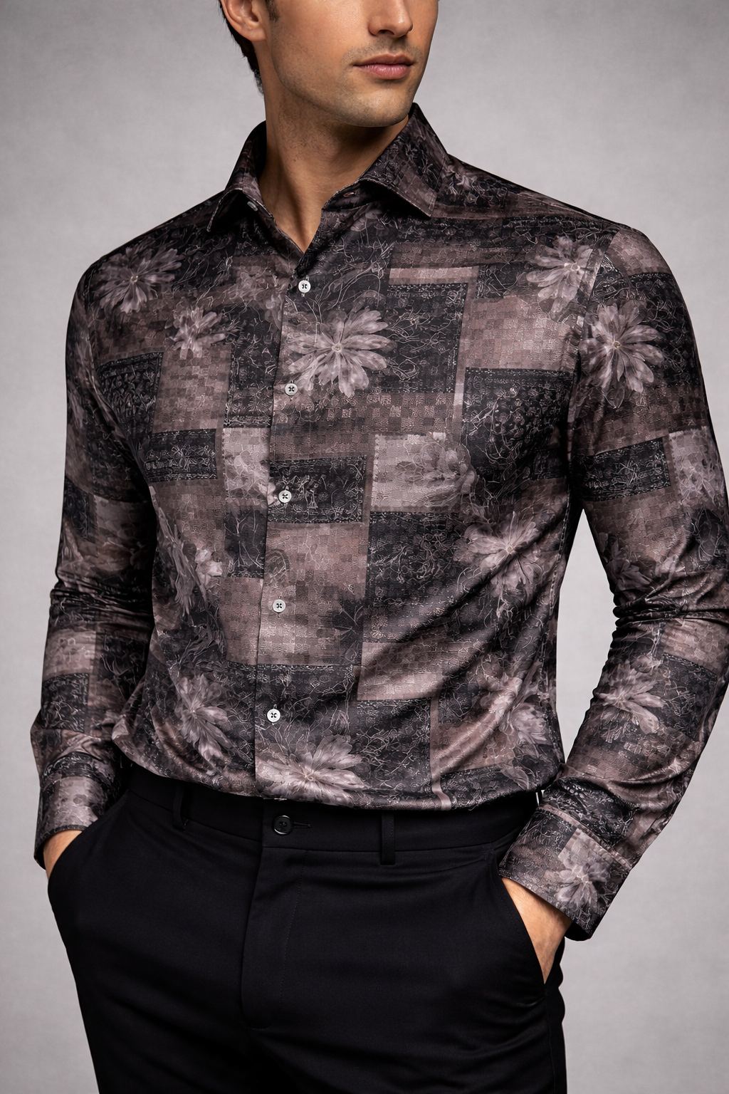 Premium Dark Patchwork Floral Satin Shirt Fabric