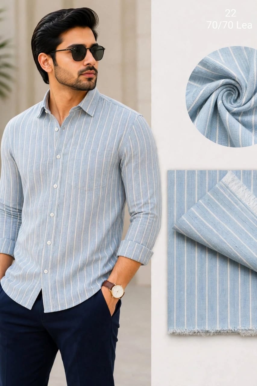  Sky Blue With Cream Pin Stripe Royal Linen Shirt Fabric 70 By 70 LEA  