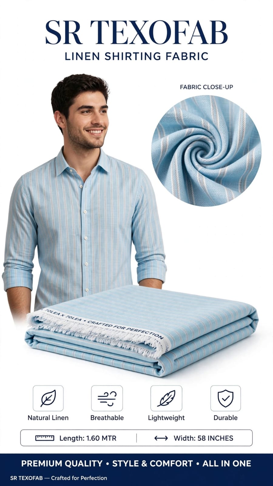 SR Texofab Premium Linen - Light Sky Blue With White Double Stripe Shirting Fabric 