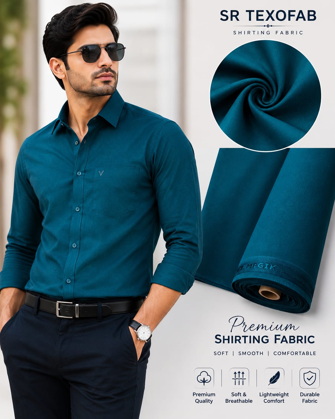 Premium Teal Blue Cotton Blend Shirting Fabric 