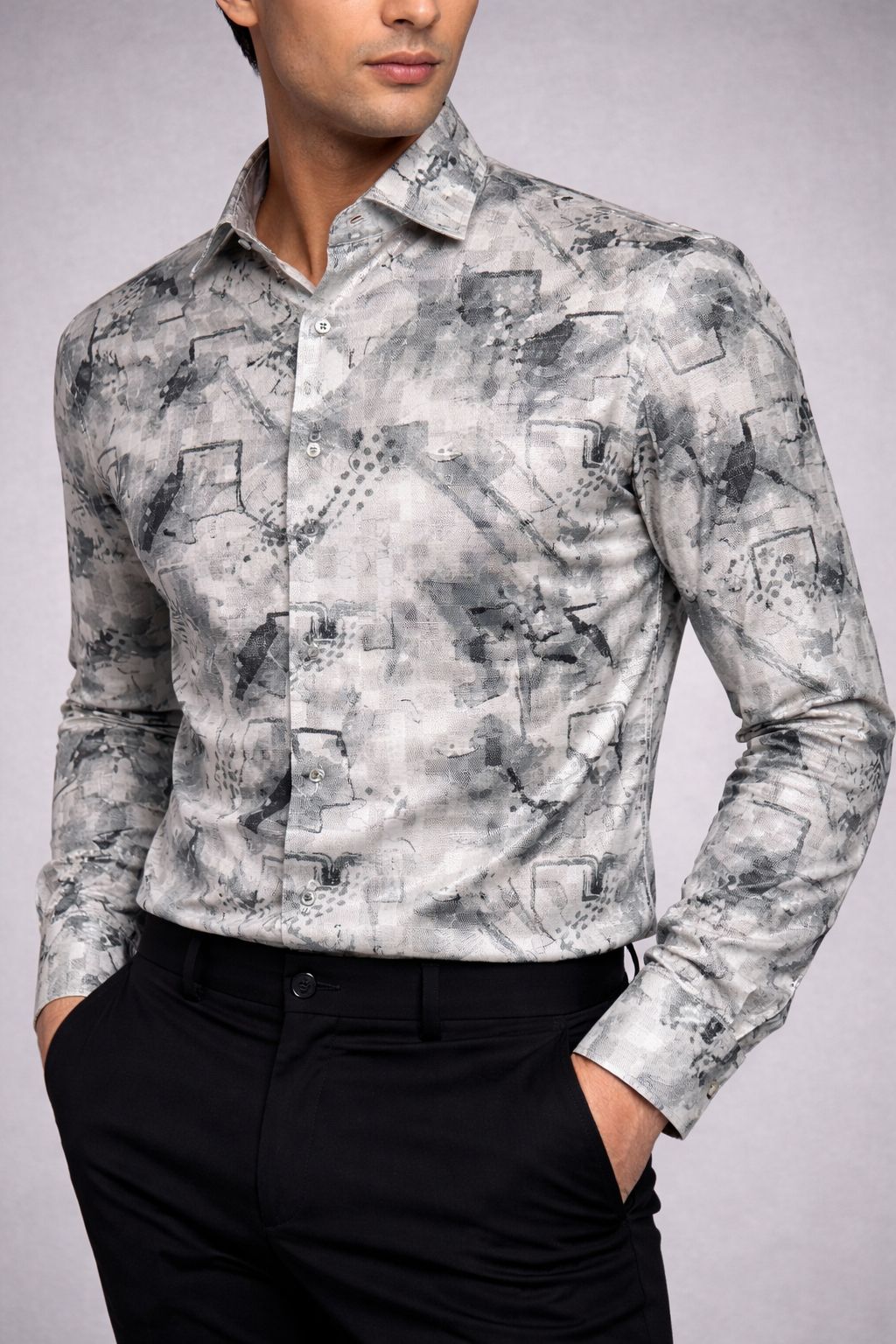 Elegant Grey Abstract Printed Shirting Fabric