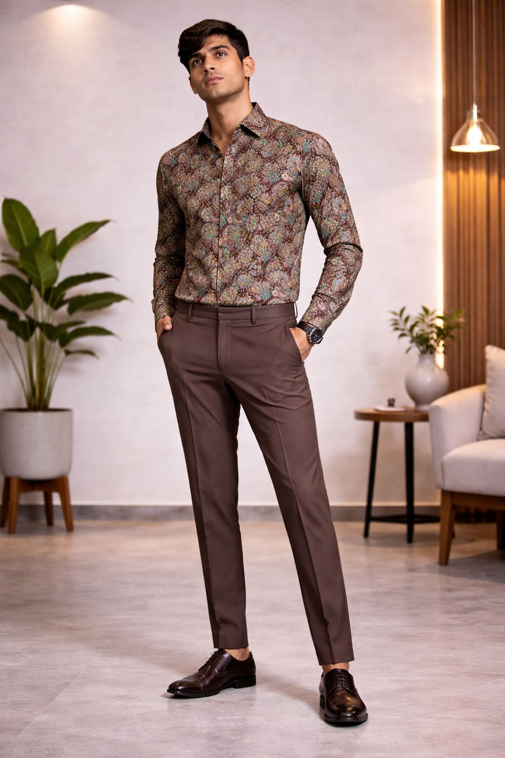 Luxury Brown Paisley Printed Shirt Fabric With Coffee Brown Pant Fabric Combo