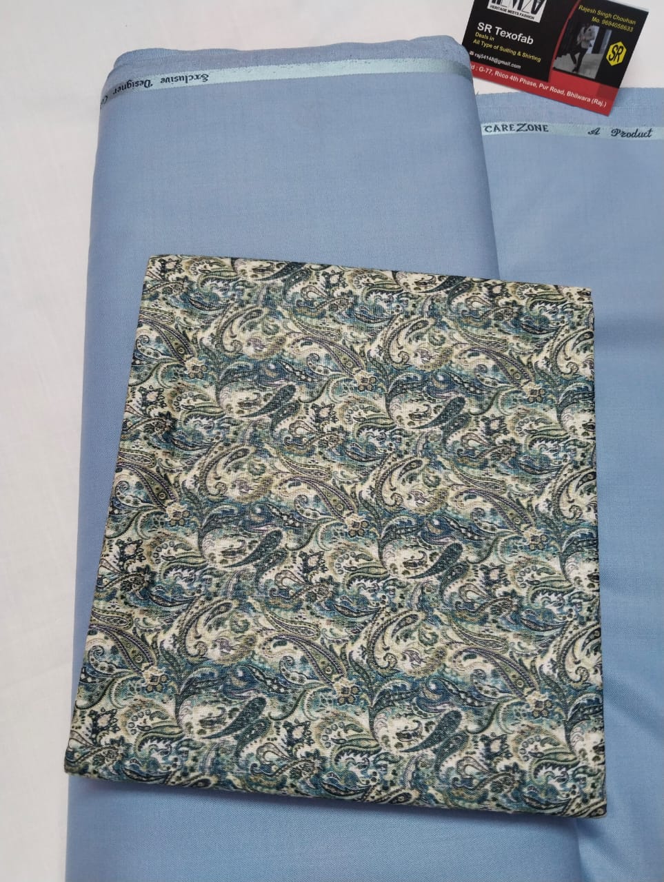 Sky Blue Paisley Elegance Shirt Pant Fabric Set
