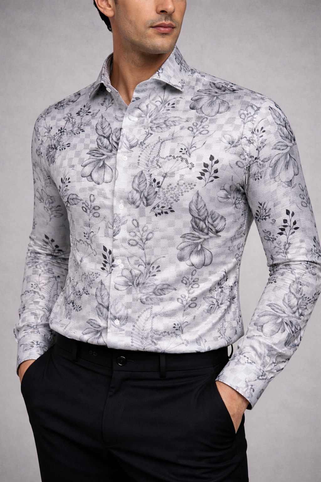 Premium Silver Grey Floral Satin Shirt