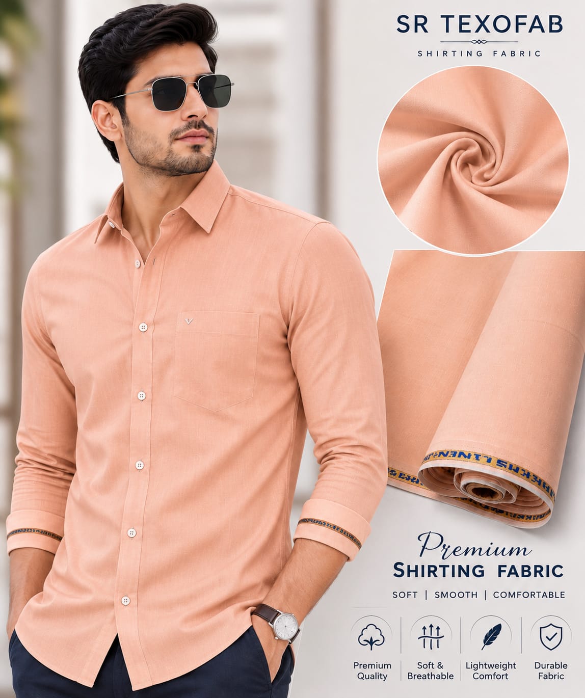 Premium Peach Cotton Blend Shirting Fabric 