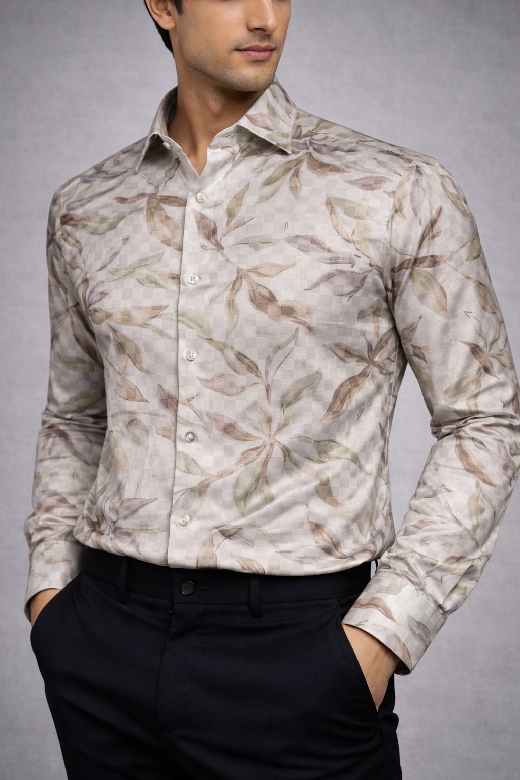 Ivory Leaf Elegance Printed Shirt Fabric