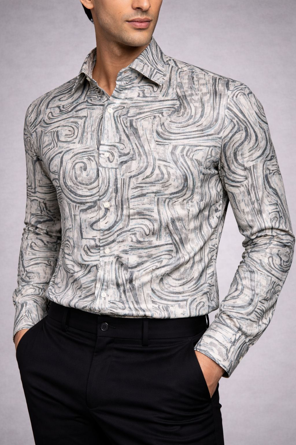 Aqua Wave Line Printed Shirt Fabric