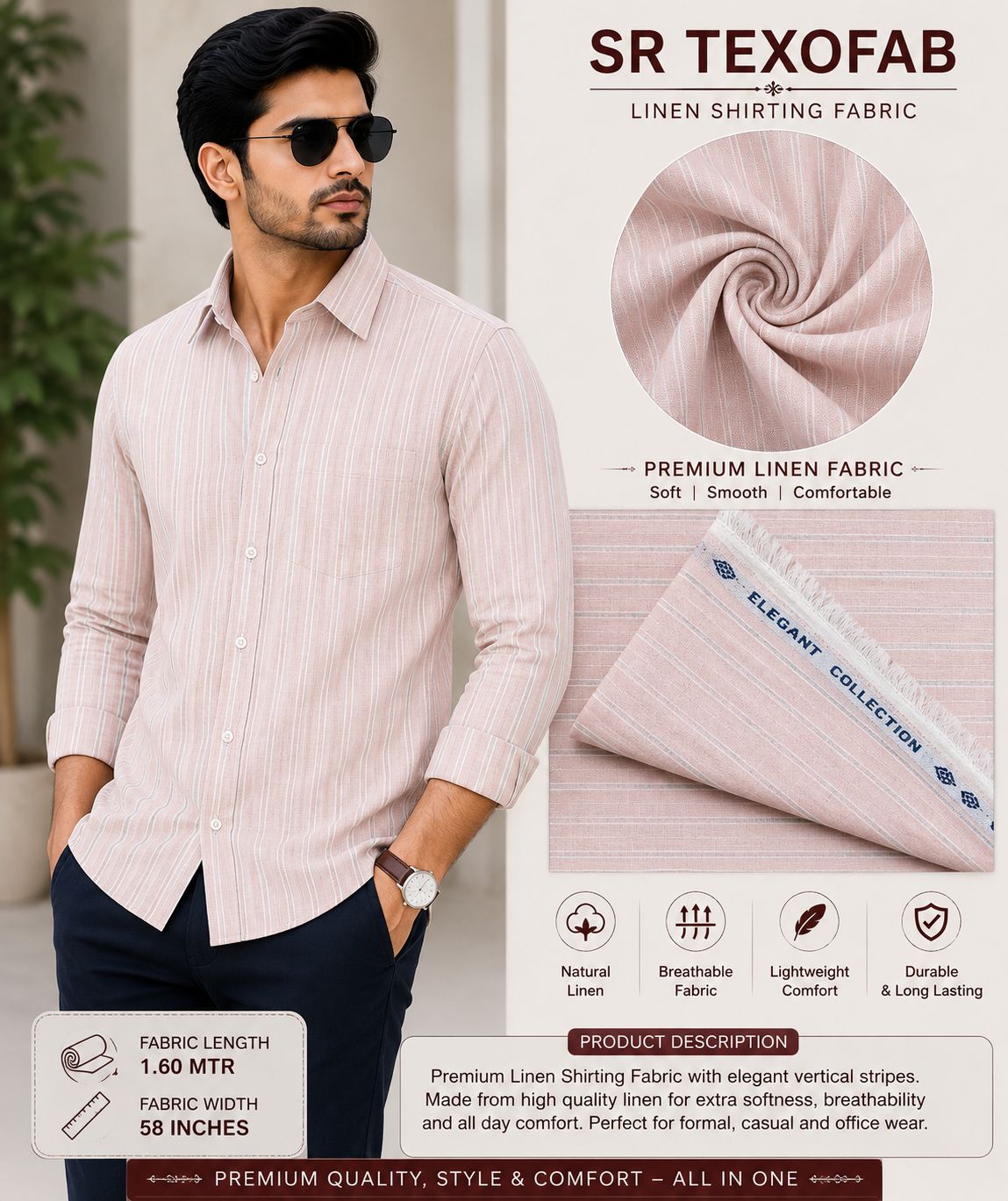Premium Pink Linen Striped Shirting Fabric | 1.60 MTR × 58 Inches 