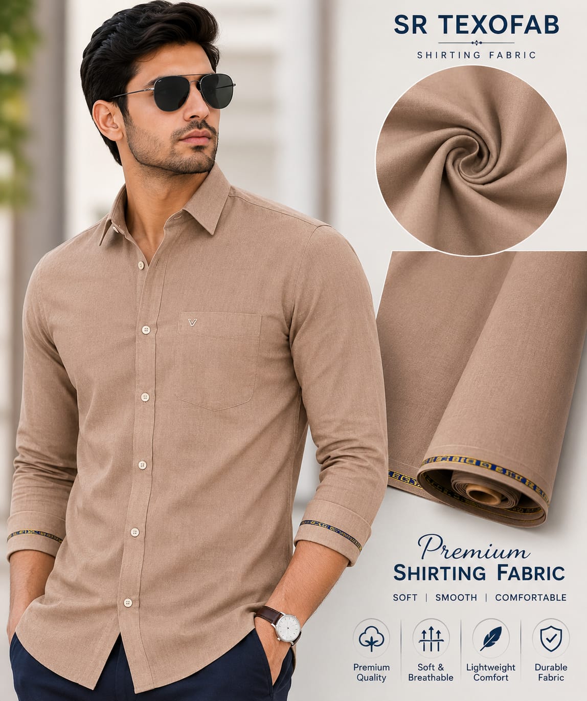 Premium Beige Cotton Blend Shirting Fabric 