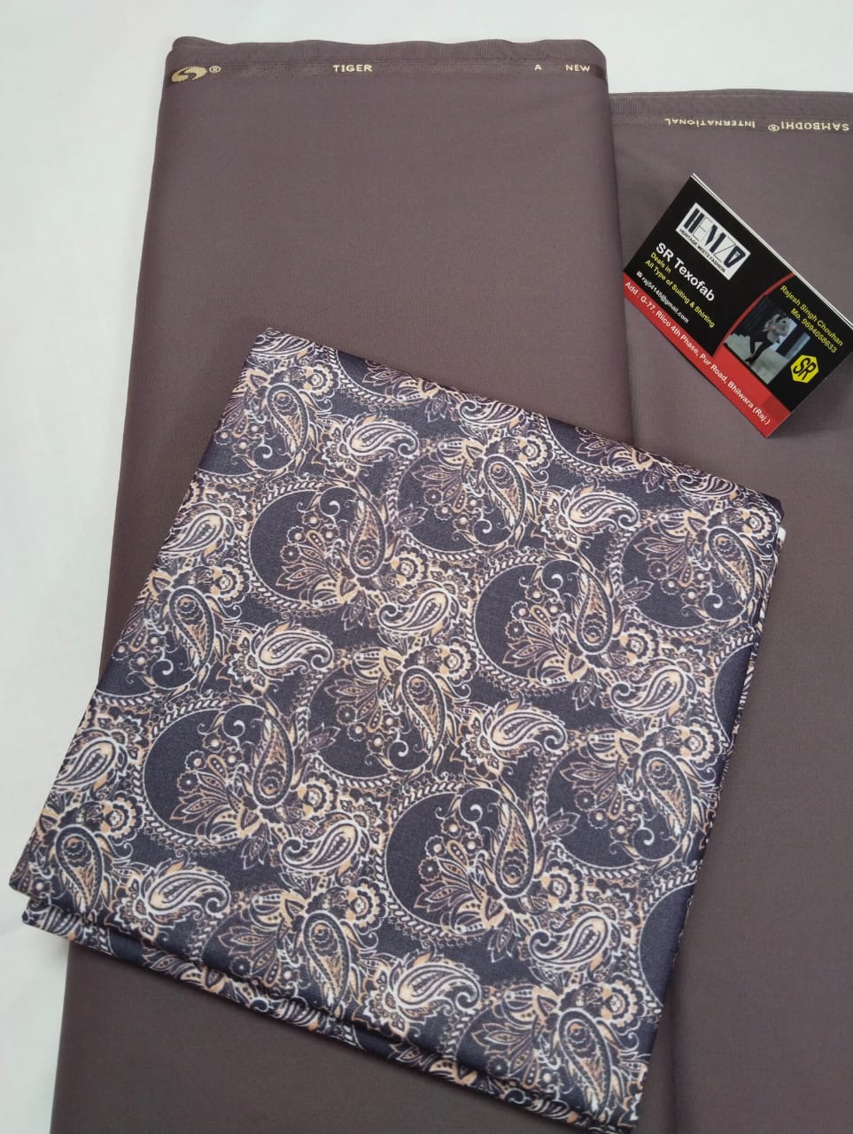 Classic Grey Paisley Printed Shirt Fabric With Coffee Brown Pant Fabric Combo