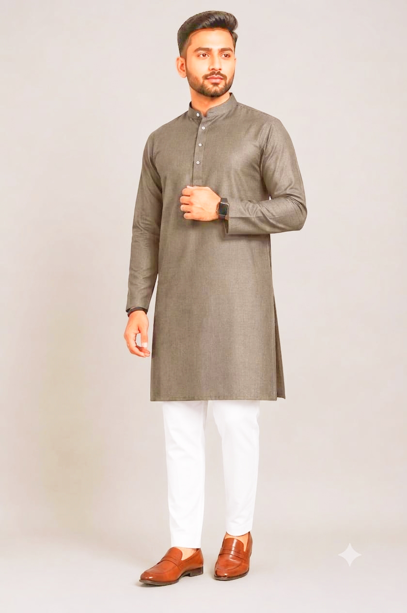 Grey Kurta With White Pajama Fabric Set – Premium Cotton Blend