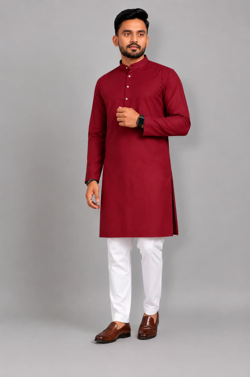 Red Kurta & White Pajama Fabric Set – Premium Cotton Blend 
