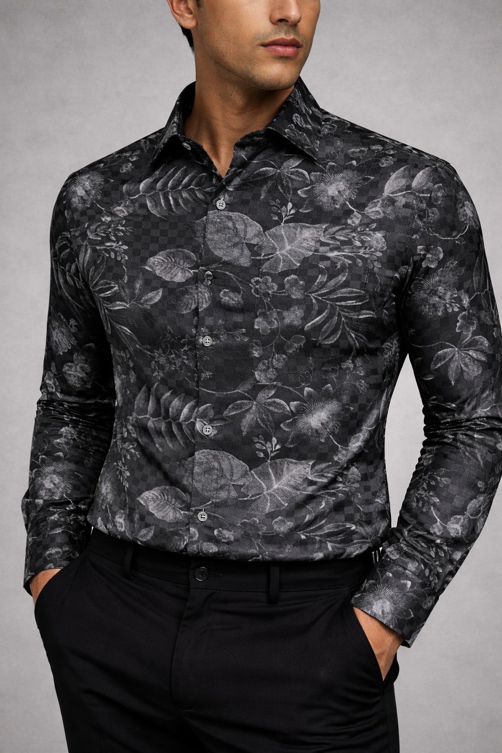 Premium Charcoal Floral Satin Shirt Fabric