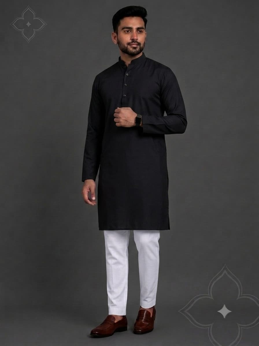 Premium Black Kurta & White Pajama Fabric Set – Cotton Blend