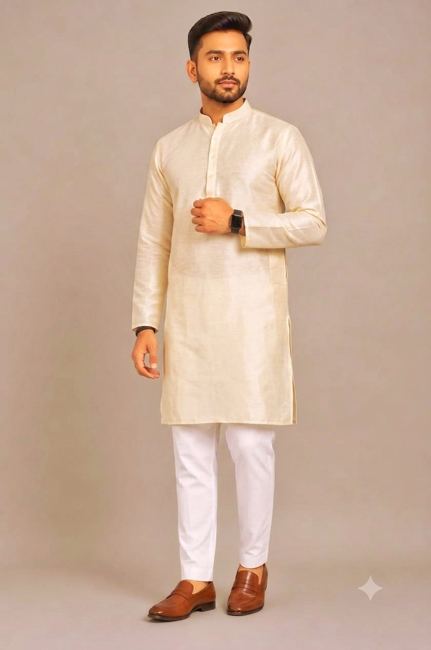 Cream Kurta With White Pajama Fabric Set – Premium Cotton Blend