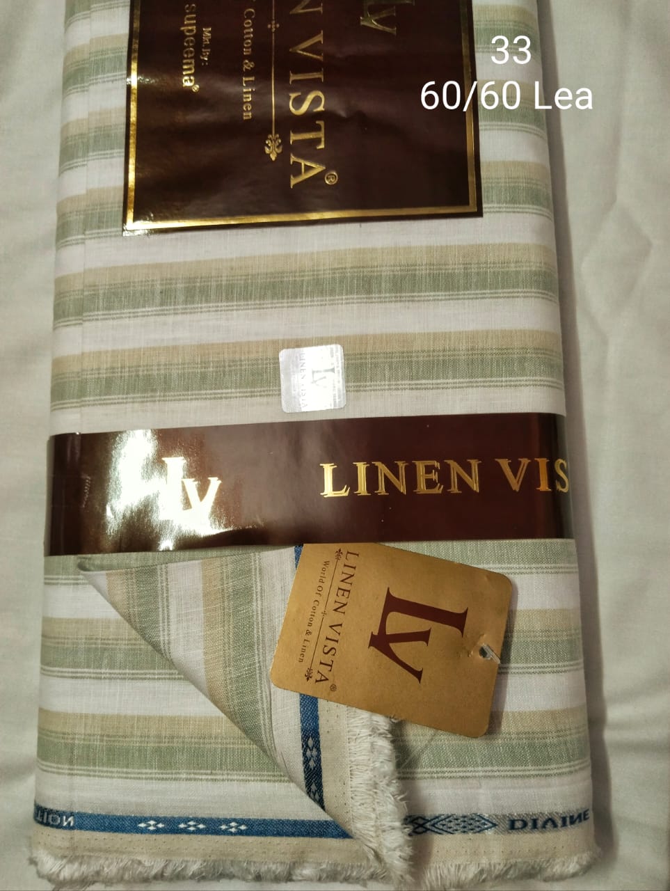 Sage Green Beige And Off White Bold Striped Linen  Shirt Fabric 60 By 60 LEA 