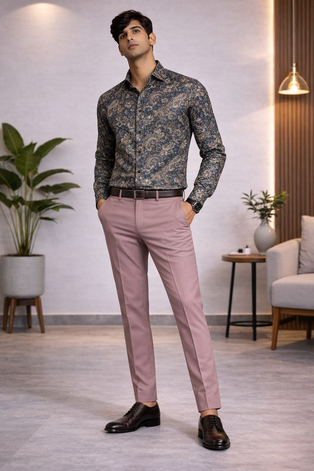 Elegant Blue Paisley Shirt Fabric With Soft Rose Pink Pant Combo