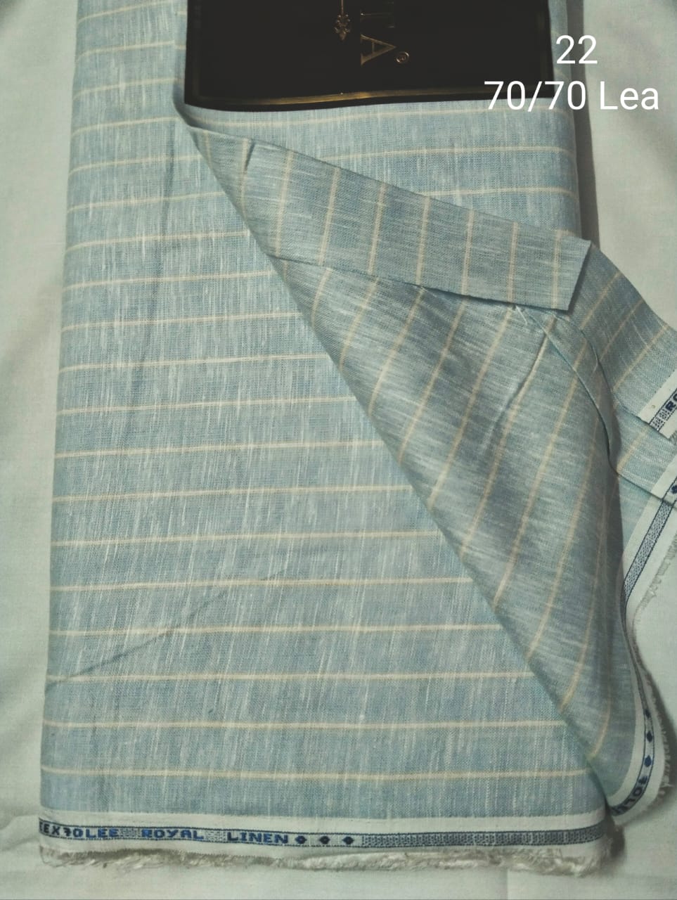  Sky Blue With Cream Pin Stripe Royal Linen Shirt Fabric 70 By 70 LEA  