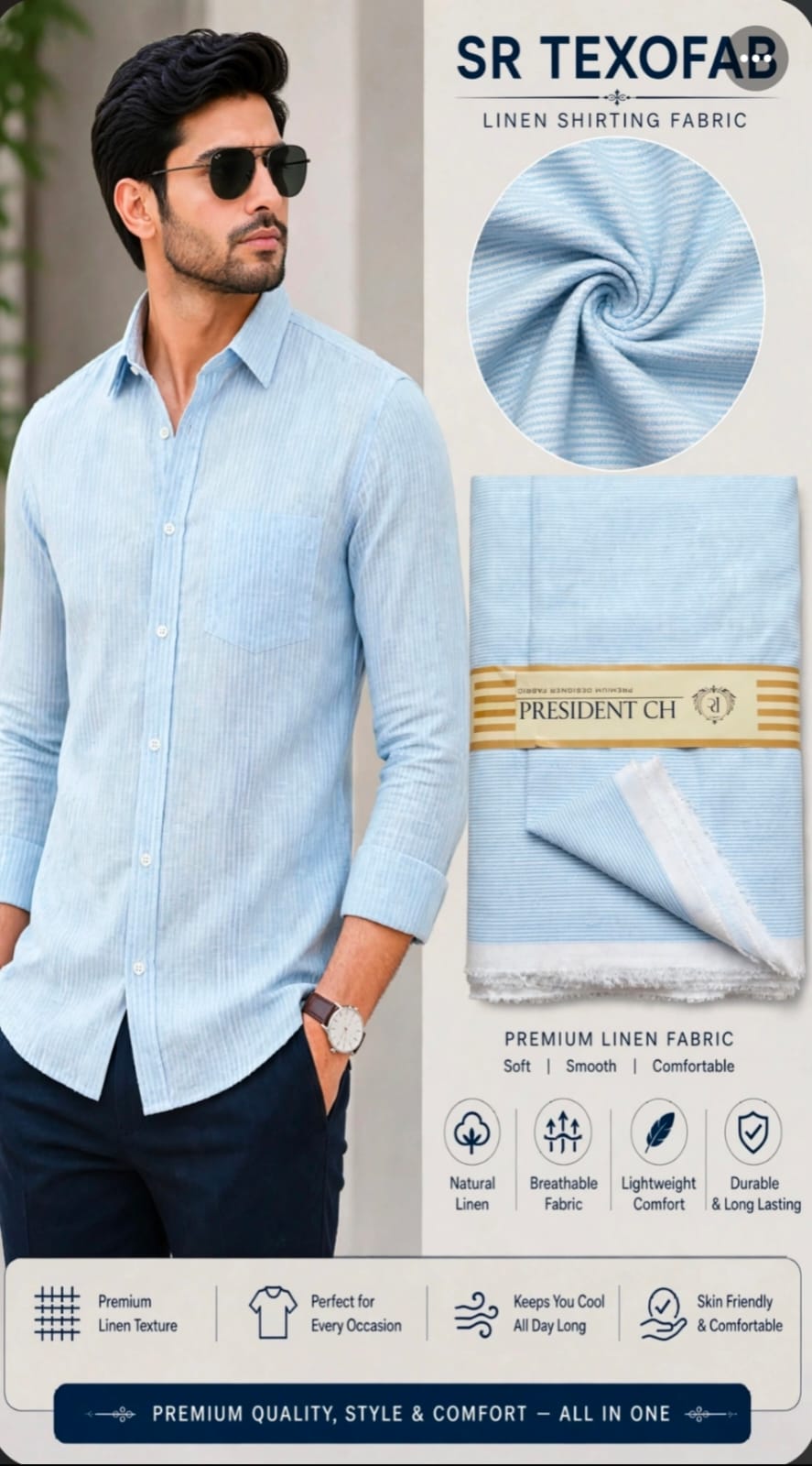 President CH Premium Cotton Shirting Fabric – Sky Blue Micro Stripe 