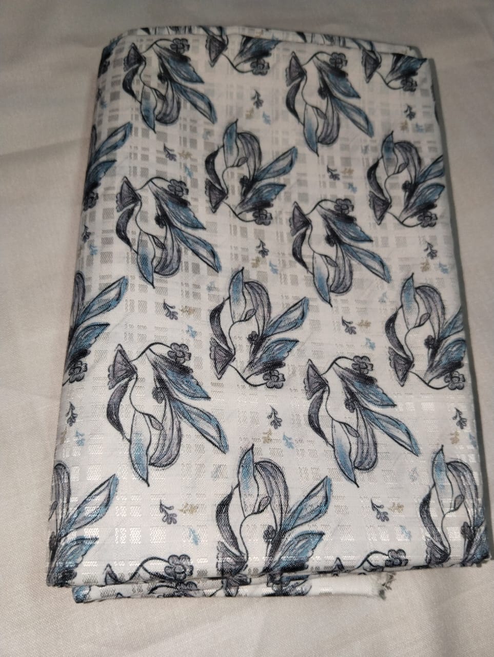 Premium White Blue Floral Satin Shirt Fabric