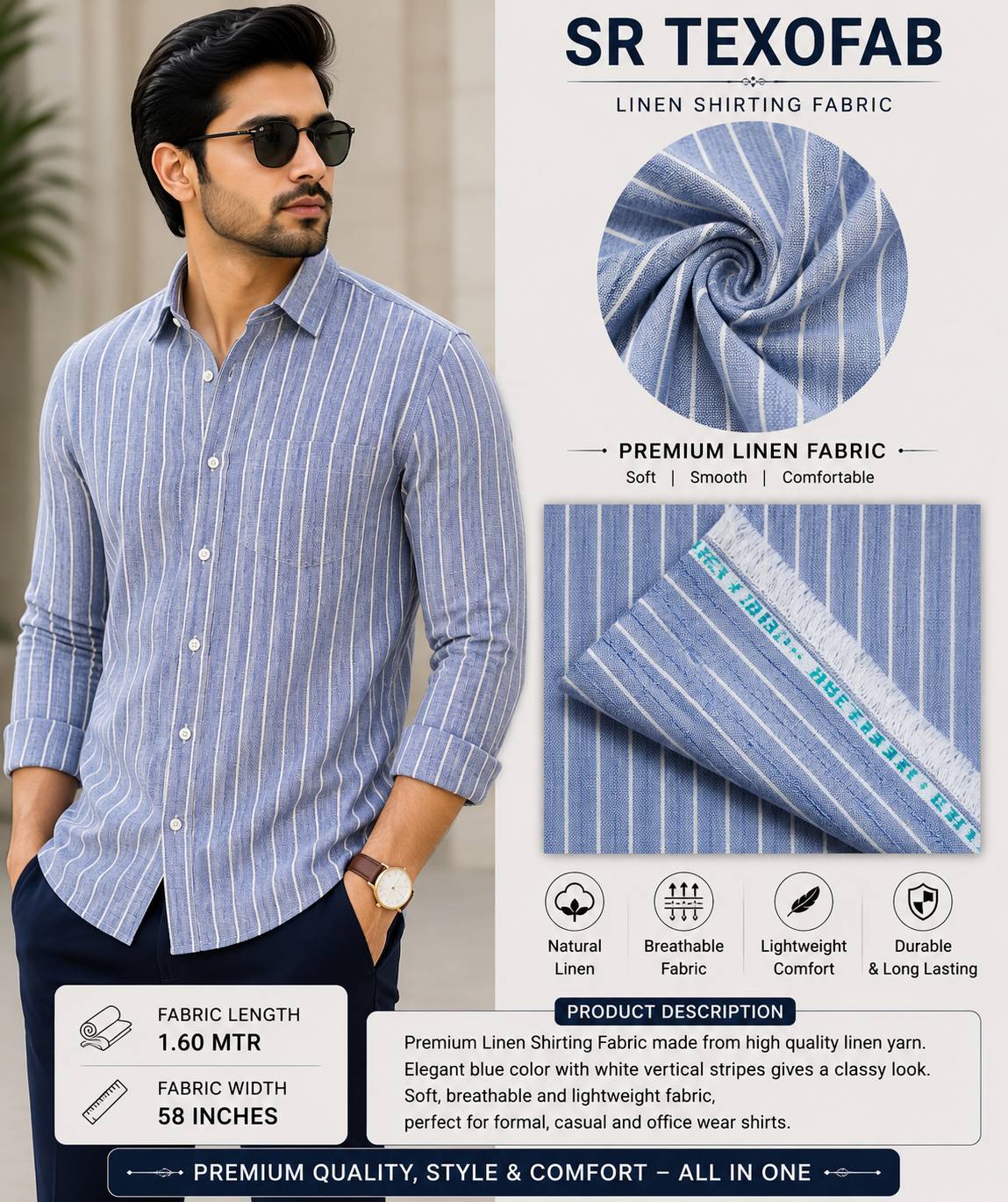 Sky Blue Vertical Stripe Linen Shirting Fabric 