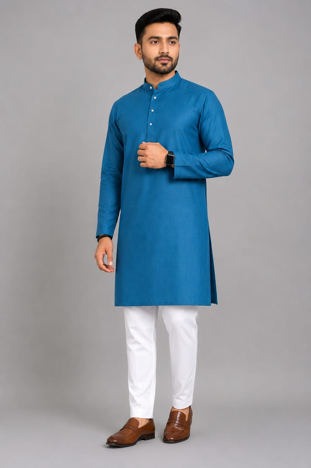 Blue Kurta & White  Pajama Fabric Set – Premium Cotton Blend