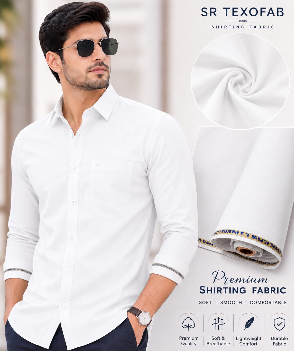 Premium White Cotton Blend Shirting Fabric 