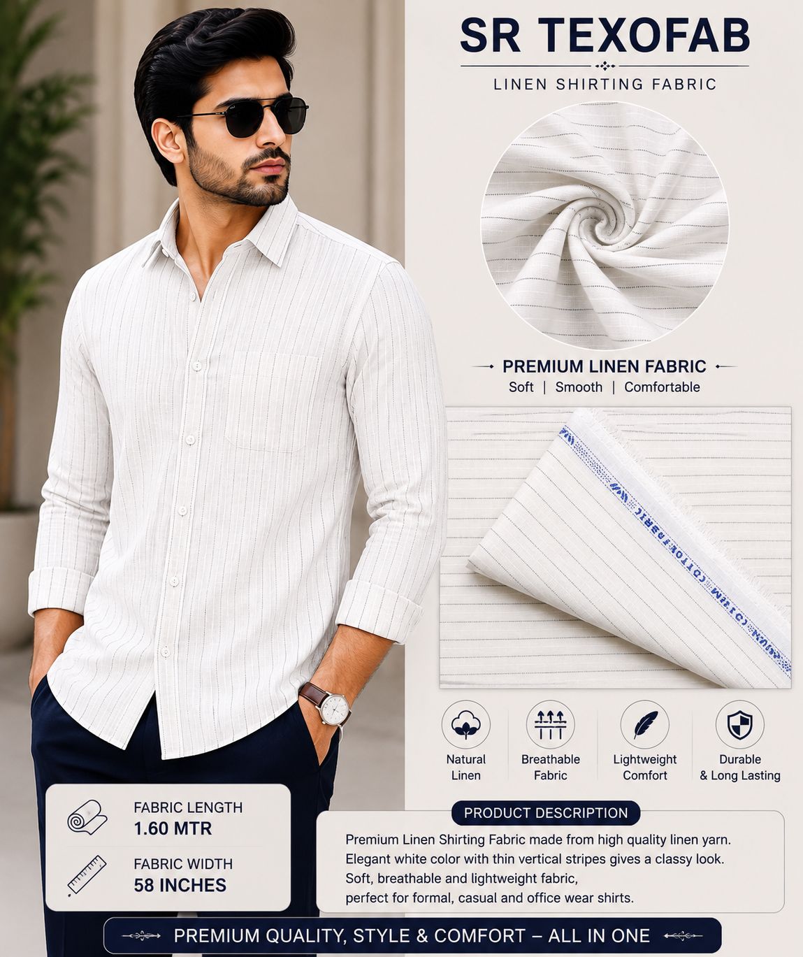 Ivory White Vertical Stripe Linen Shirting Fabric 