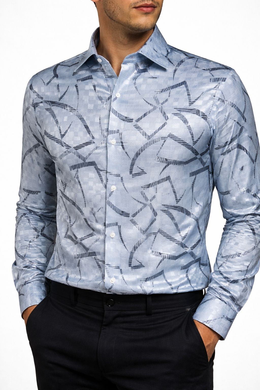 Premium Sky Blue Abstract Satin Shirt Fabric