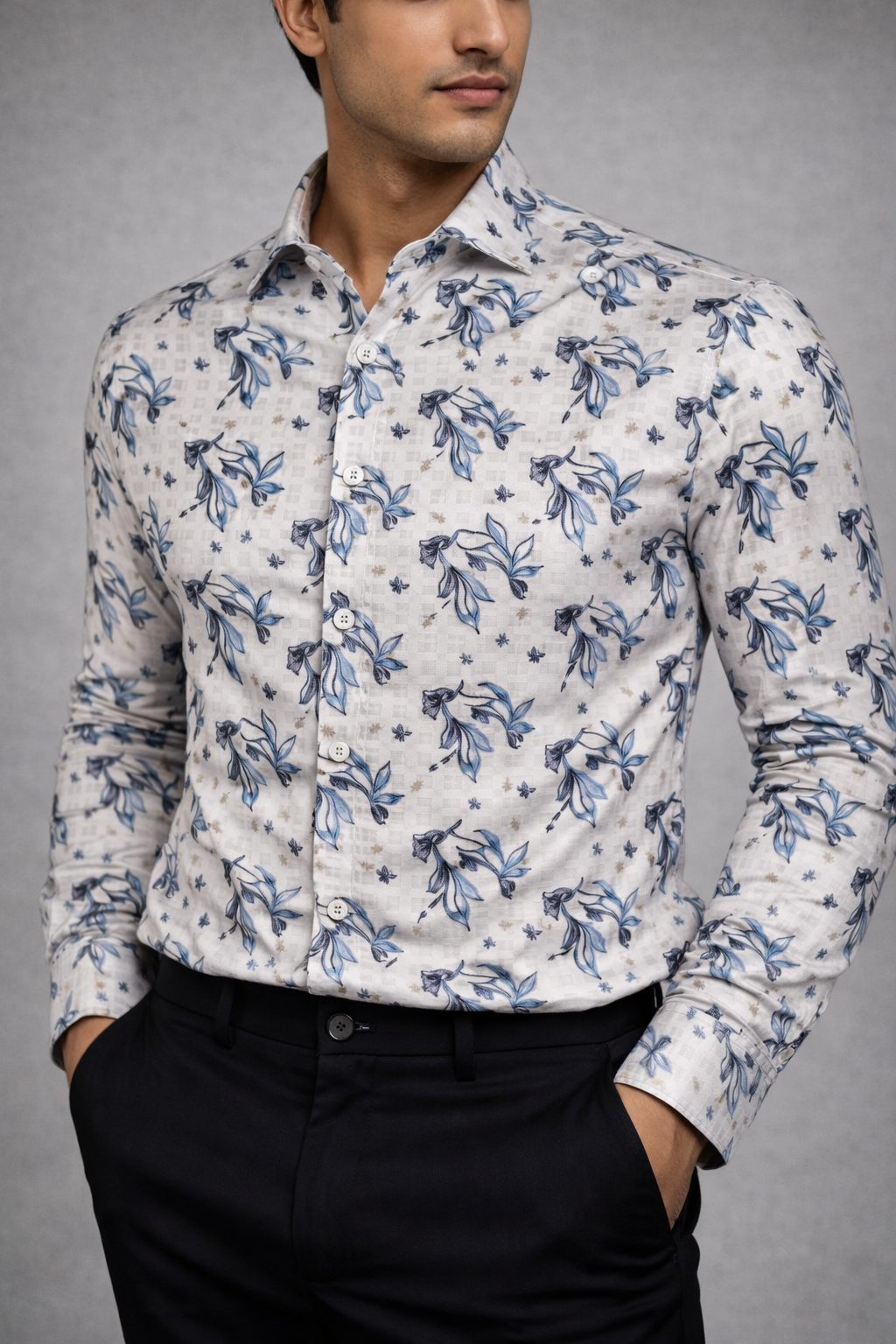 Premium White Blue Floral Satin Shirt Fabric