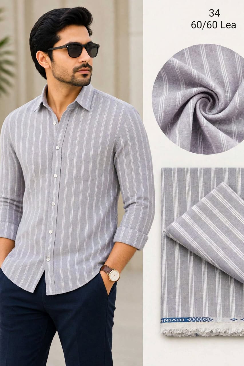  Light Ash Grey And Off White Bold Striped Linen  Shirt Fabric 60 By 60 LEA 