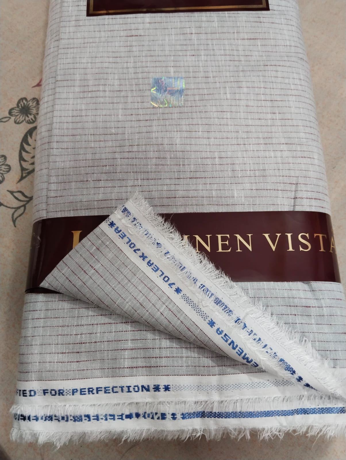 Premium Linen  Shirt Fabric With Maroon Vertical Stripes 