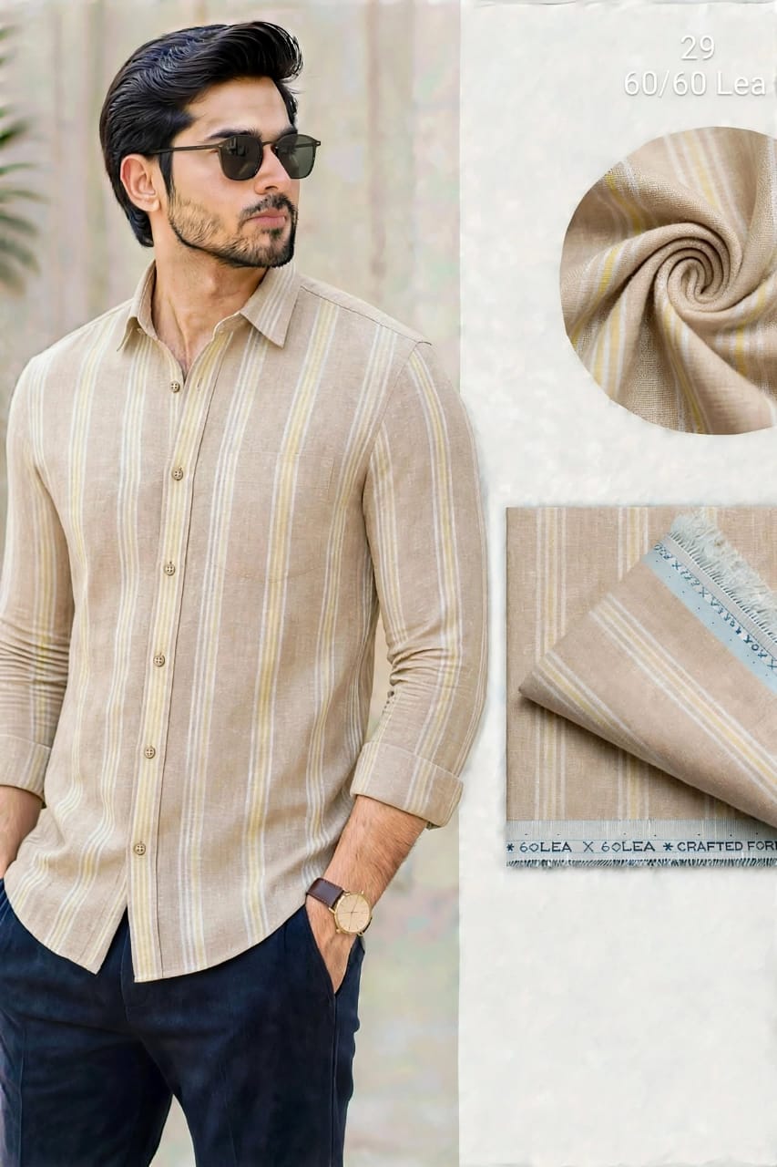  Beige Cream With White And Yellow Striped Linen  Shirt Fabric 60 By 60 LEA