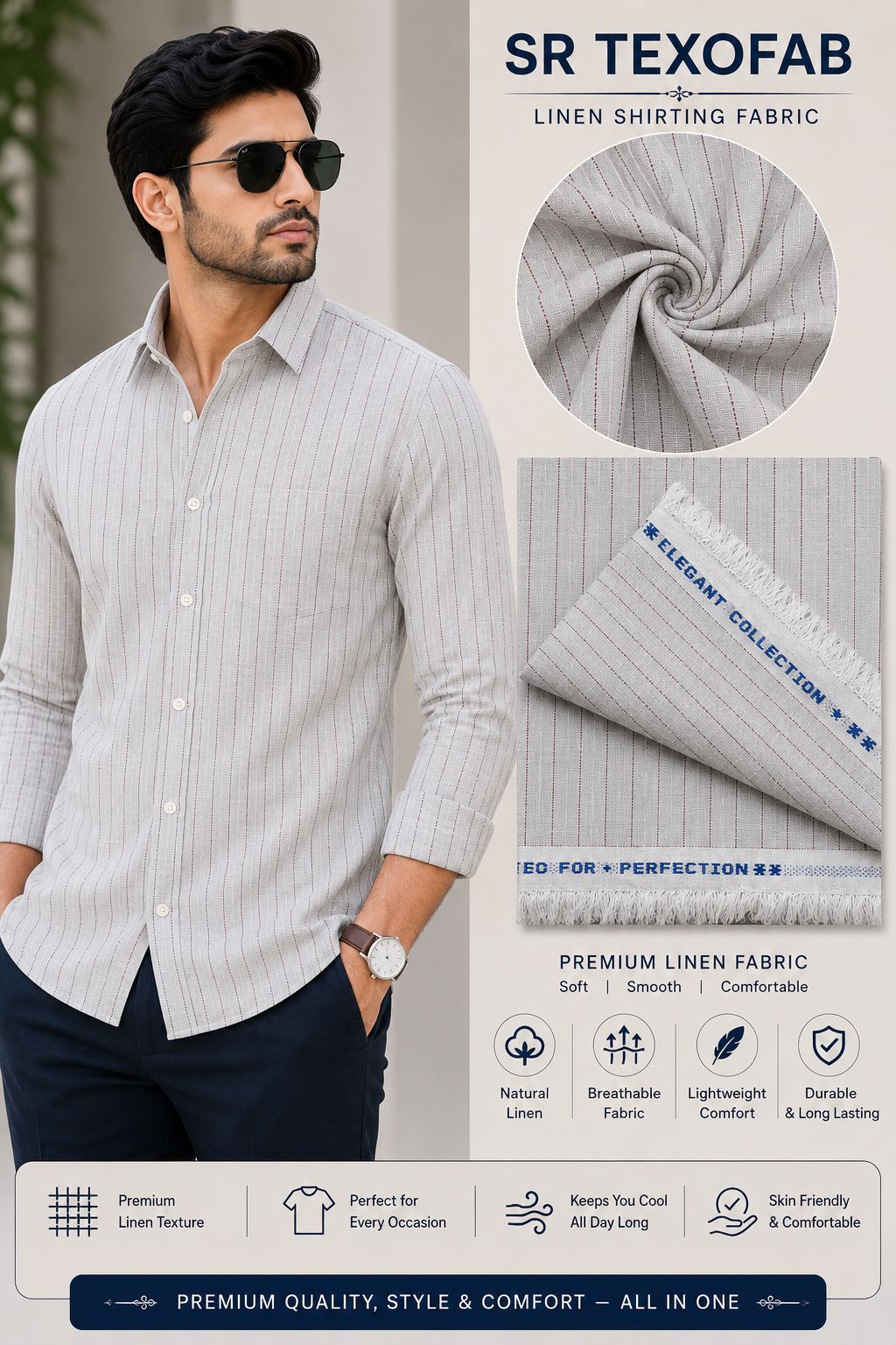 Premium Linen  Shirt Fabric With Maroon Vertical Stripes 