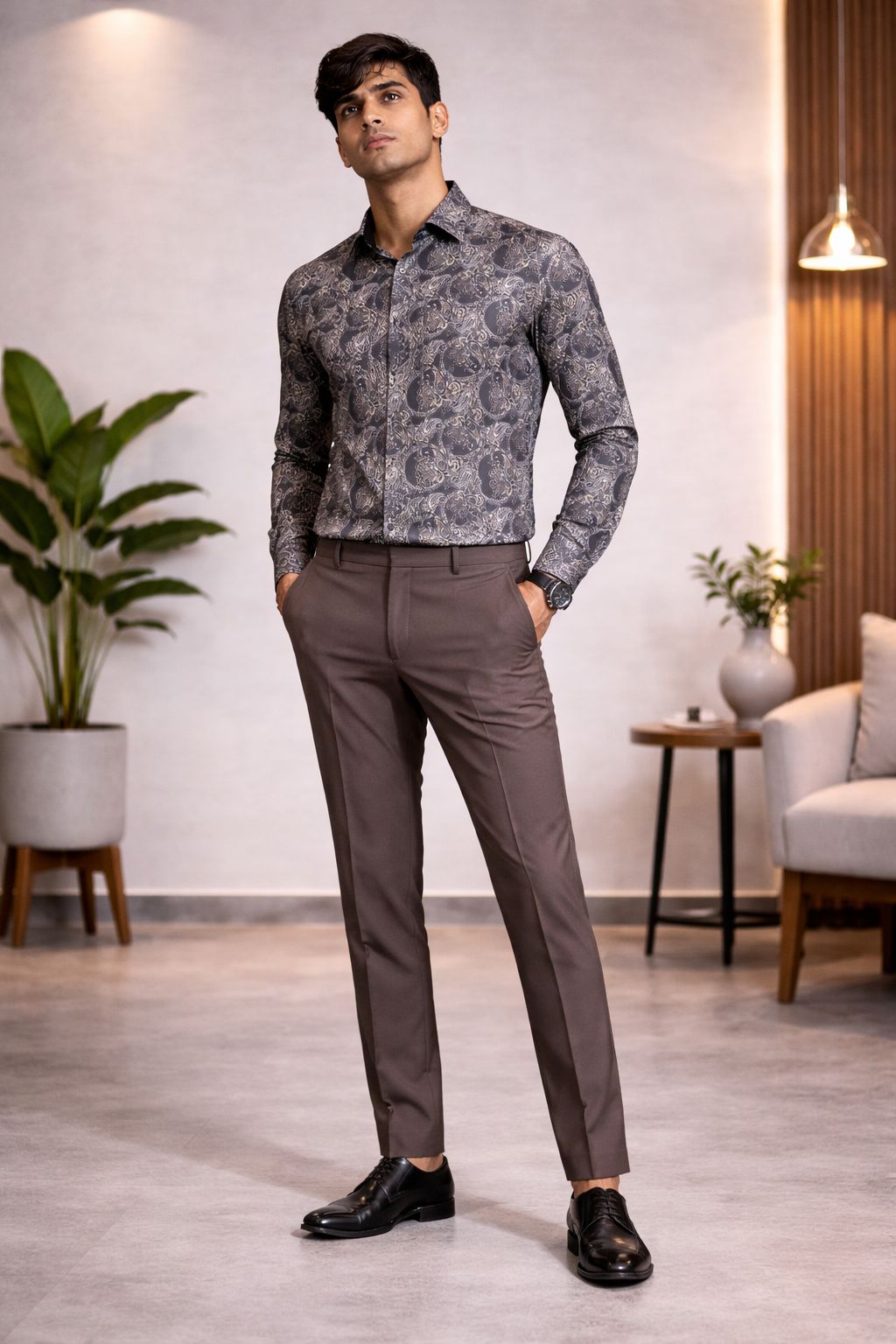 Classic Grey Paisley Printed Shirt Fabric With Coffee Brown Pant Fabric Combo