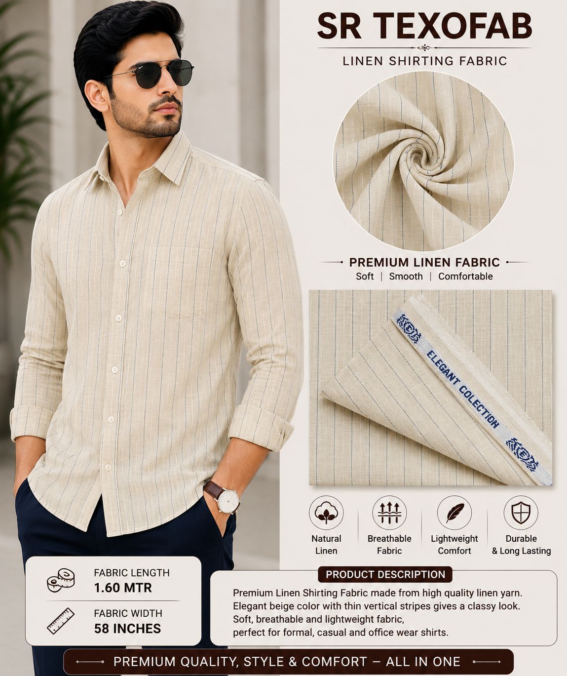 Premium Beige Linen Vertical Stripe Shirting Fabric 
